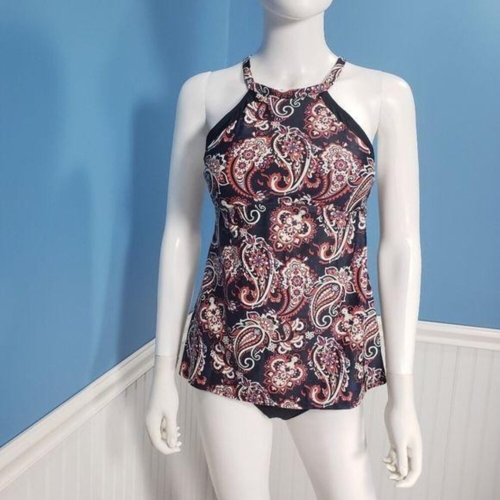 Fashion World Women's Paisley Halter Neck Tankini Top, 2 Piece Swimwear Set Red